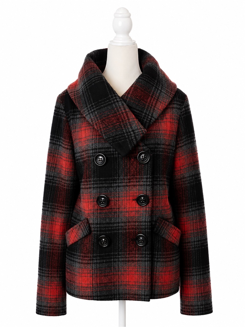Charlotte Russe Plaid Peacoat Jacket Red Black Wool Blend Double Breasted Size M